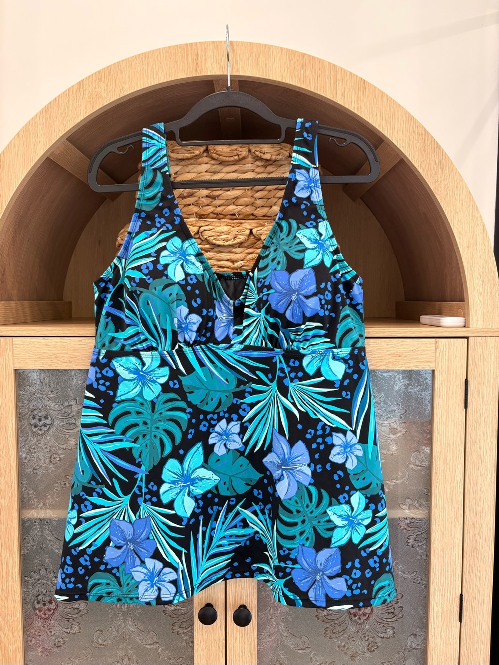 Swimsuits For All Black Tankini Top with Blue Teal Floral Accents